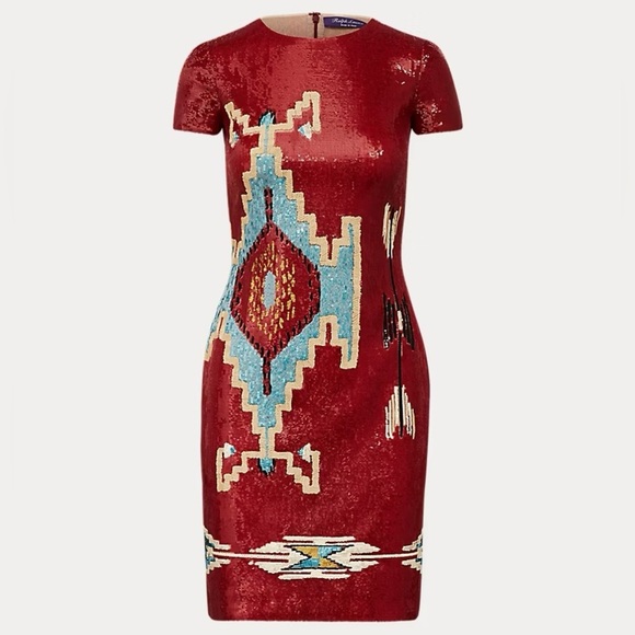 NWT Ralph Lauren Purple Label Embellished Cady Red Sequin Short Sleeve Dress new